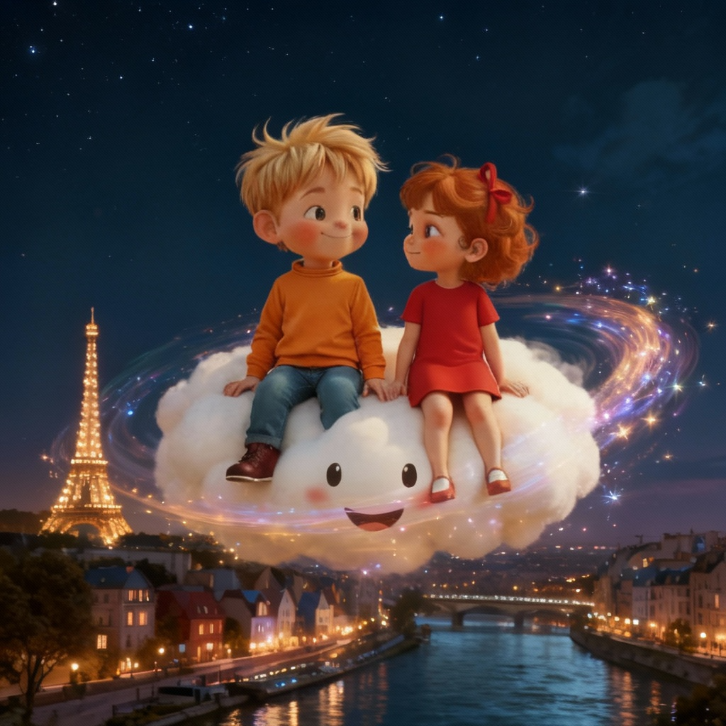 Enzo and Faye riding Puffy Friend Cloud above Paris at night, with the Eiffel Tower glowing in the distance